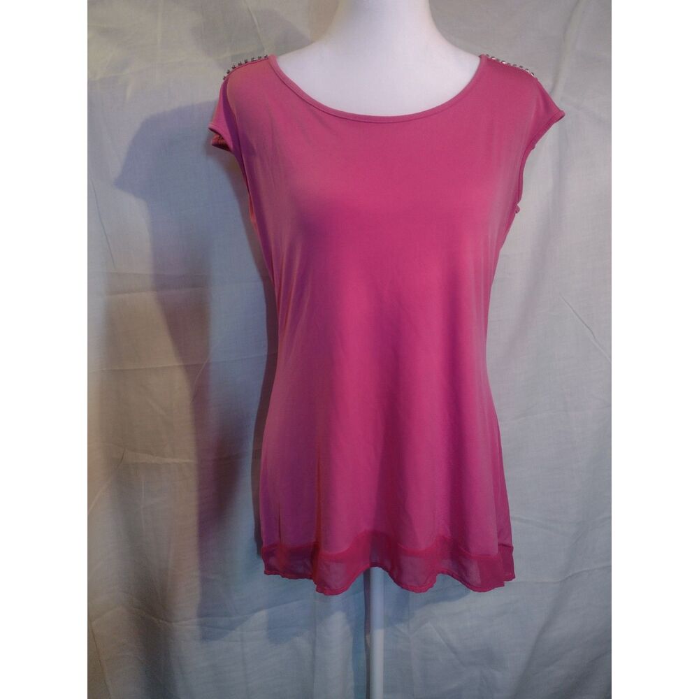 Belldini Vibrant Pink Rhinestone Shoulder Cap Sleeve Blouse Size M